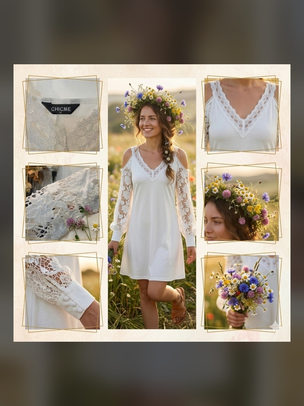 CHICME White Cold-Shoulder Lace-Sleeve Mini Dress – Elegant Floral Boho' US Xl